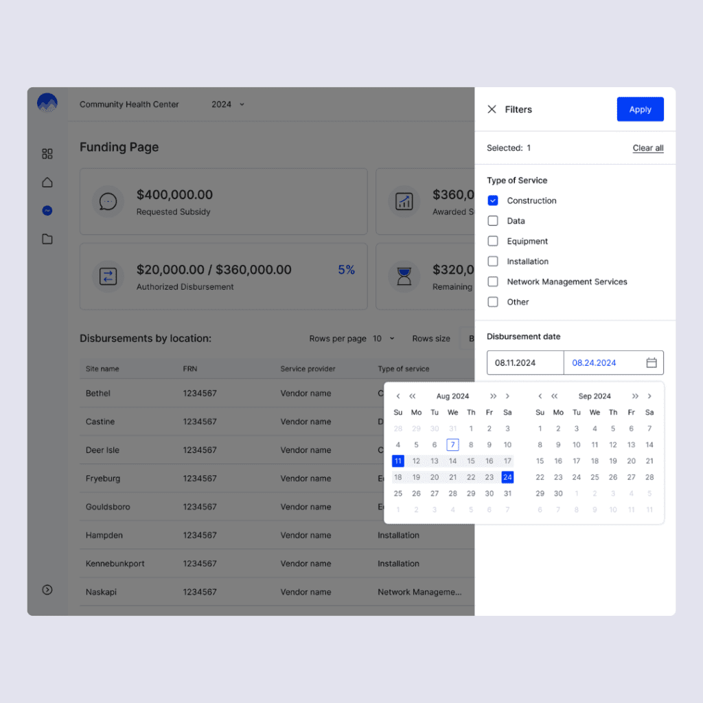 A mockup of HCN Connect demonstrating the filter application process for generating detailed reports on Healthcare Connect Fund subsidies, with options to sort by disbursement date and type of service.